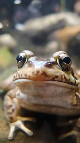 Close-up frog portrait with reflective eyes in water.