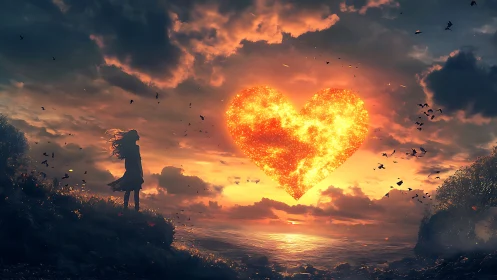 Solitary Figure Gazes at Flaming Heart Sky.