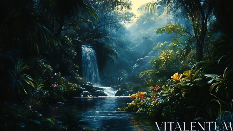 Tropical Paradise: Waterfall Sanctuary in Lush Jungle.