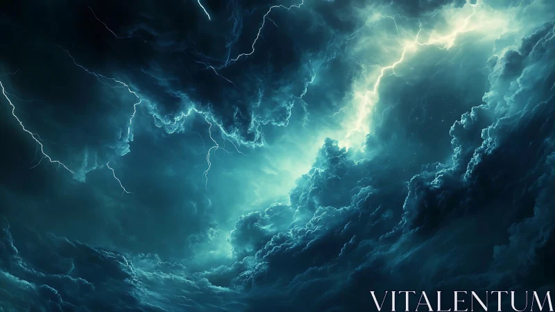Tempestuous teal storm clouds ignited by forked lightning.