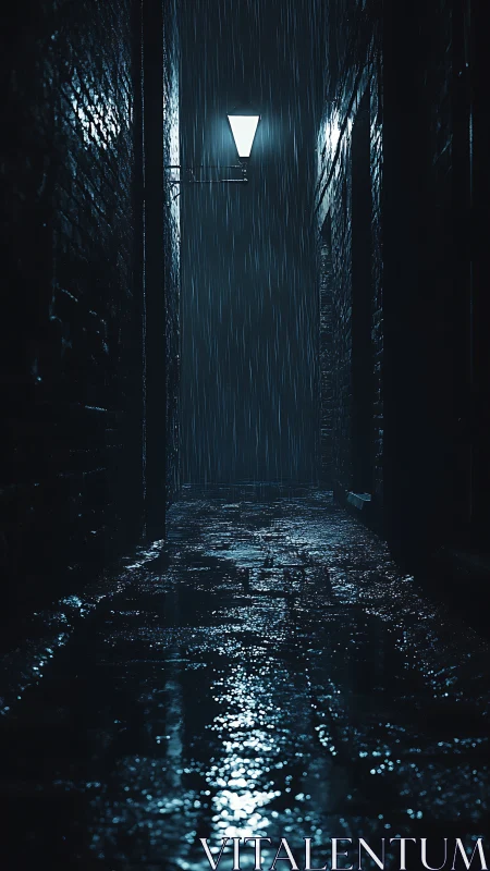 Moody rainy alleyway glows softly under a single streetlamp