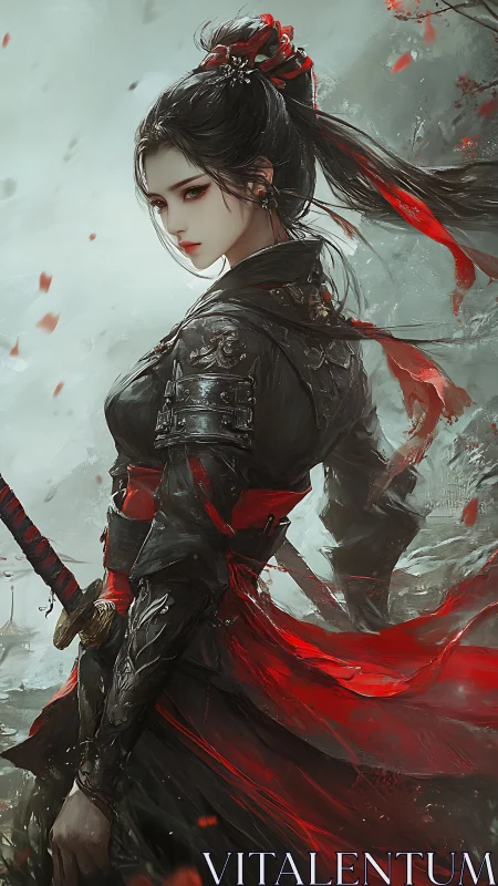 Warrior maiden in red and black stands in stormy silence