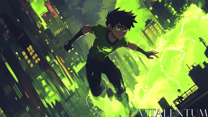 Green-powered anime hero sprinting through neon cityscape.