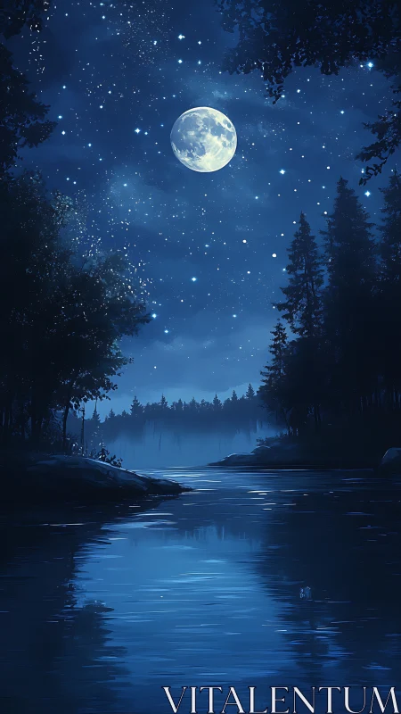 Luminous moonlit river under star-dense midnight forest sky.