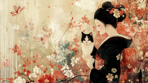 Japanese woman in kimono holding cat amid floral motifs.