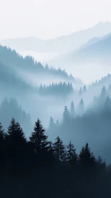 Layered Atmospheric Landscape with Coniferous Silhouettes and Volumetric Mist Depth
