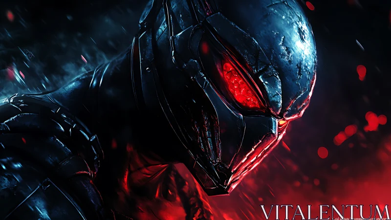 Cybernetic assassin helmet with molten red visor glow.