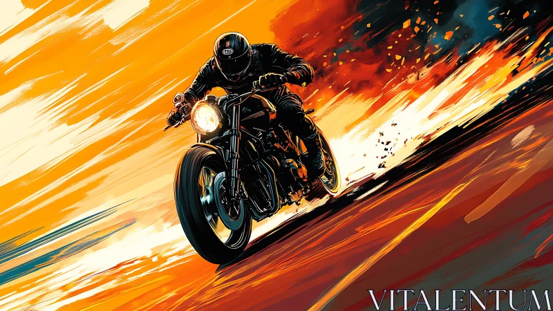 Motorcycle rider cuts blazing trail across abstract highway.