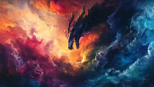 Cosmic firestorm dragon emerging through prismatic nebulae.
