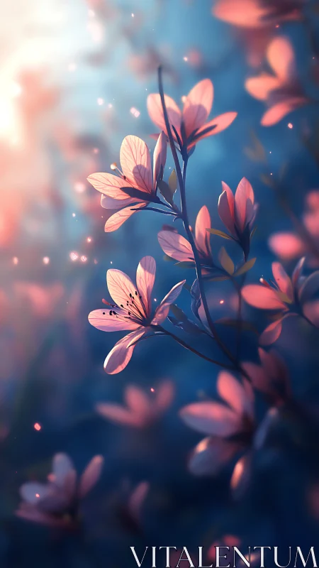 Pink Flowers Against Blue Sky. Digital Art.