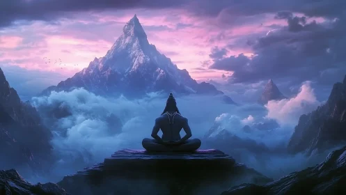 Meditating figure before misty mountains at sunrise.