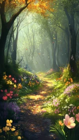 Forest Path Through Autumn Canopy with Luminous Wildflowers