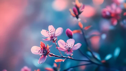 Pink Cherry Blossoms in Soft Focus with Warm Golden Light