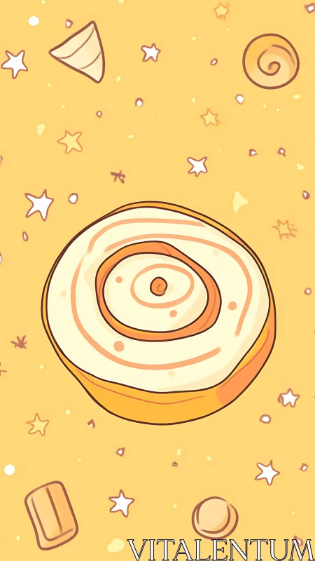 Swirled cinnamon bun drifting through a whimsical snack sky.