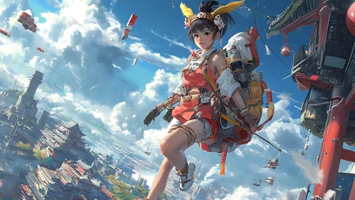 Skyward adventurer glides above bright floating cityscape
