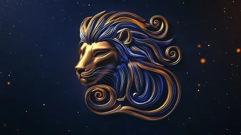 Stylized metallic lion head with flowing abstract mane.