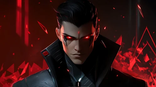 Cybernetic antihero with glowing red eyes in shards of light.