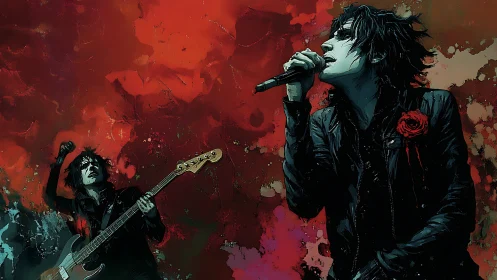 Rock vocalist and bassist on abstract red painted background.