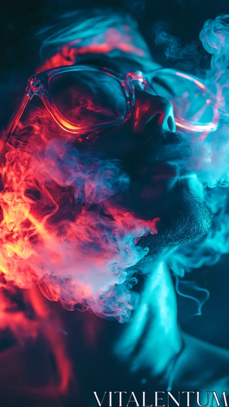 Close-up portrait with neon lights and swirling smoke plume.