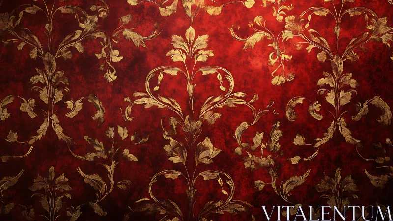 Red damask wallpaper with ornate gold floral pattern detail.