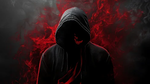Hooded faceless figure engulfed in red ethereal flame effects