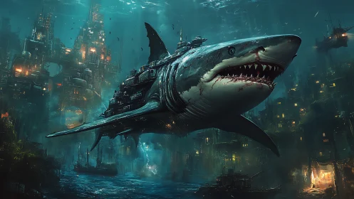 Hybrid mechanical shark submarine moves through dense cityscape