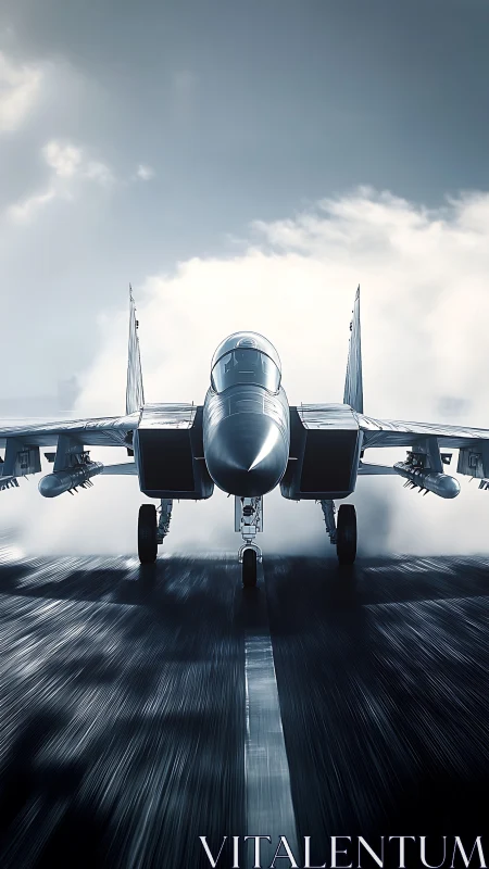 Front view of twin‑engine jet fighter on wet runway.