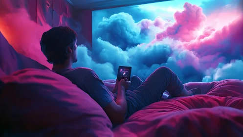 Dreamlike bedroom scene with neon-tinted cinematic clouds.