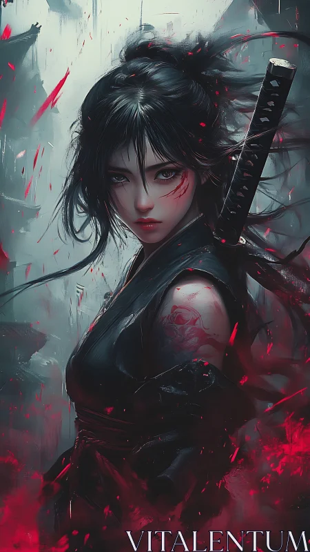 Fierce warrior woman stands poised in swirling crimson energy