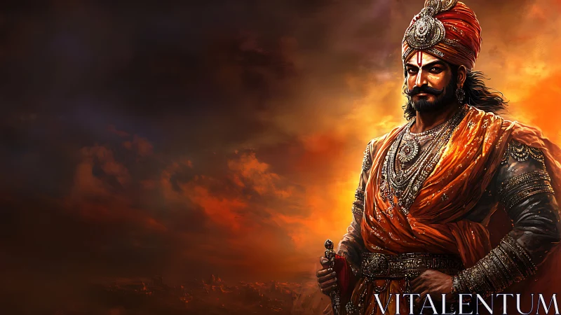 Regal warrior portrait in blazing crimson sunset aura.