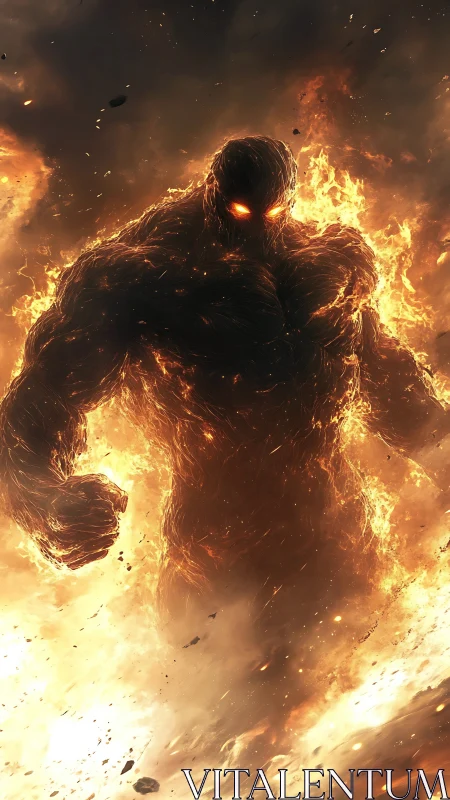 Humanoid magma entity emerging within dense surrounding flames.
