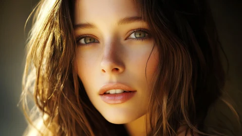 Close-up portrait of young woman in warm sunlight.