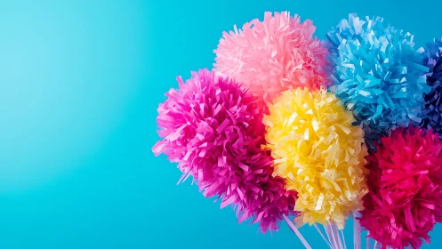 Vibrant Paper Pom-Poms Against Turquoise Gradient Background Display