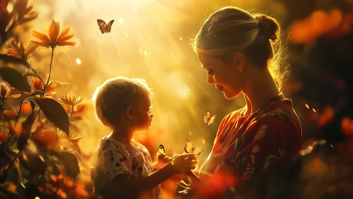 Sunlit butterflies drift between mother and child in bloom