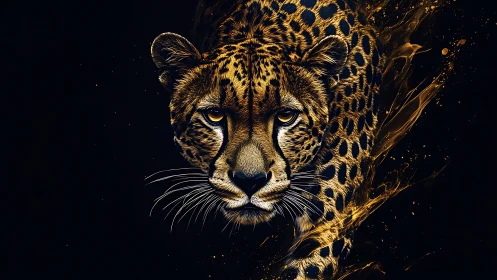 Golden Leopard Portrait Against Black. Striking Digital Wildlife.