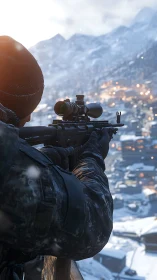 Sniper Takes Aim Over Alpine Winter Valley Below.