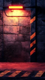 Industrial corridor wall under red safety light glow.
