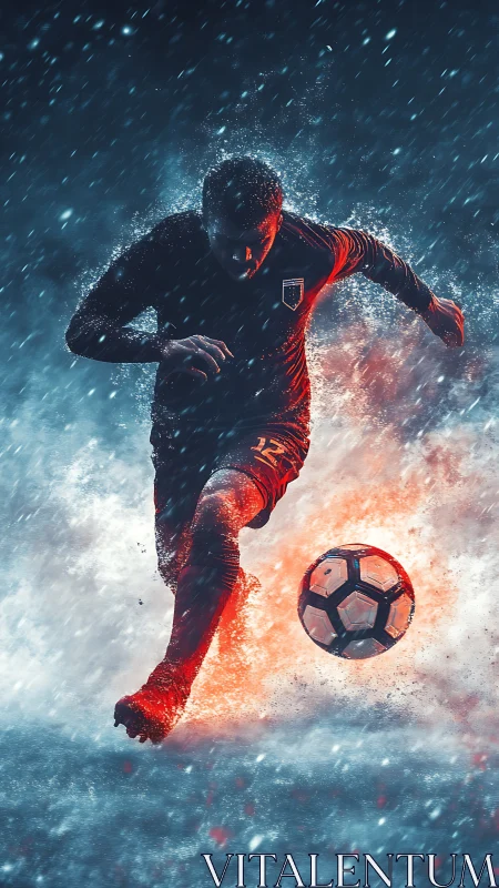 Digital rendering shows footballer striking ball amid particles