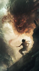 Warrior confronts massive fiery demon within swirling clouds