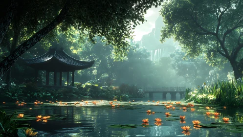 Tranquil lotus pond beside a quiet forest garden pavilion.
