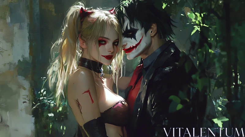 Dark clown couple embrace in lush, shadowy forest scene.