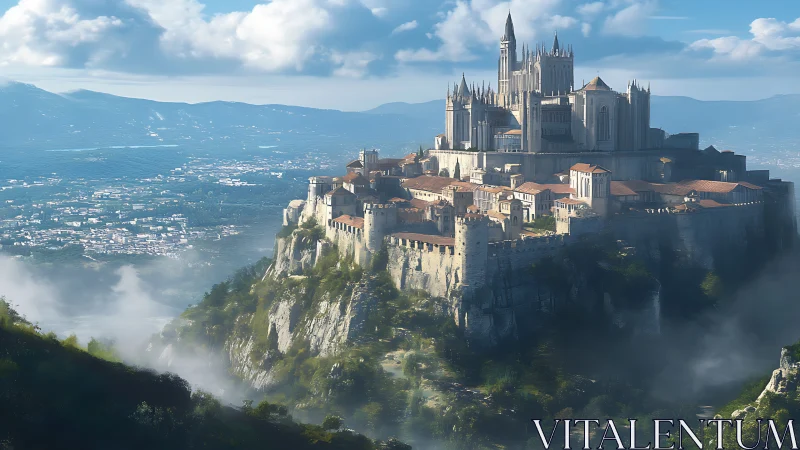 Epic cliffside citadel in atmospheric fantasy landscape painting.