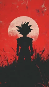 Silhouetted spiky‑haired warrior before red lunar backdrop.