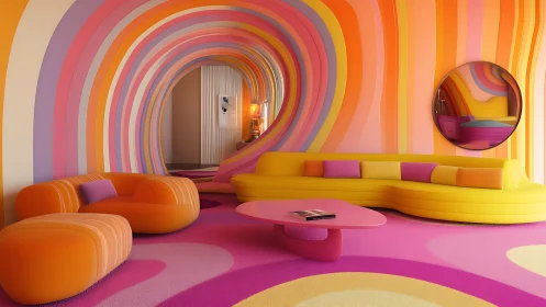 Groovy rainbow lounge where retro curves invite daydreams.