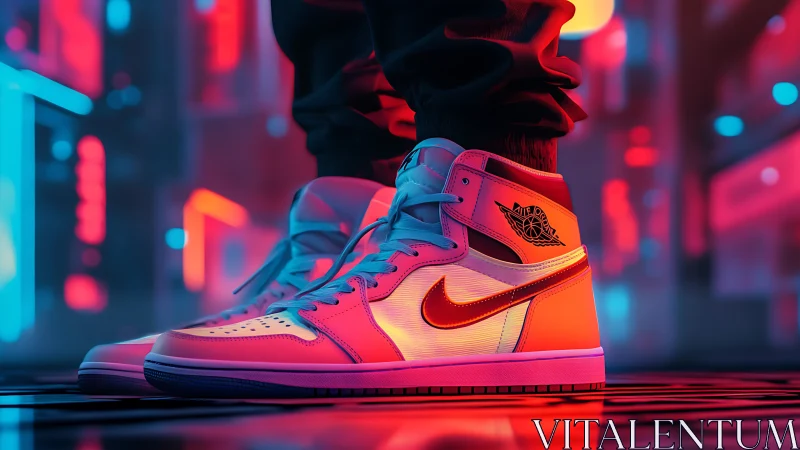 High-top sneakers under neon bicolor rim lighting in urban alley