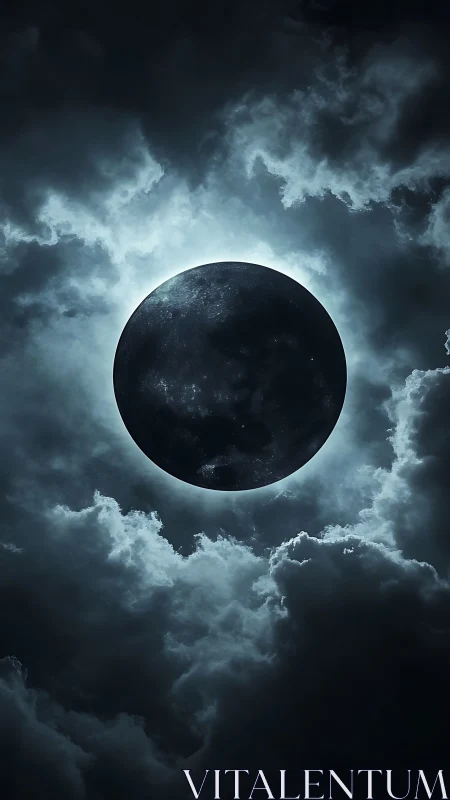 Dark moon silhouette centered in luminous storm clouds