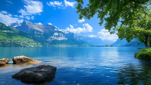 Alpine lake reflects snowcapped mountains in vivid summer light.