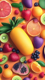 Lush candy-bright fruit parade on a playful orange stage.