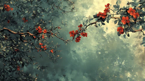 Tranquil Floral Branches in Impressionist Style Digital Painting.