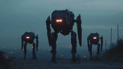 Marching robot sentinels glow softly over a misty city